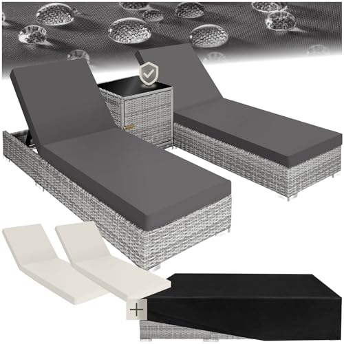 tectake® Set av två Solsängar i rotting med sidobord, rostfrit aluminiumram, Solstol med justerbar höjd i 5 Steg, trädgårdsstol med förvaringsmöjligheter, Skyddsöverdrag - Ljusgrå
