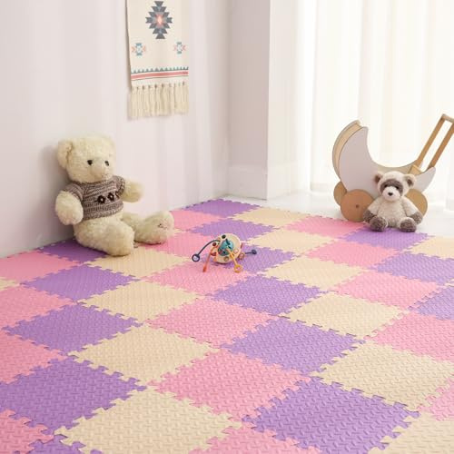 Tamiplay Foam Play Mat for Baby, 0.4 Inch Thicked Interlocking Floor Mats with Solid Colors, Soft Non-Toxic Squares Baby Play Mat, EVA Foam Puzzle Floor Mat for Toddler, 16 Tiles(Pink/Beige/Purple)