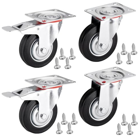 4er SET SOTECH Transportrollen RED Ø 100 mm (2x Lenkrollen, 2x Lenkrollen mit Bremse) Höhe 127 mm, Anschraubplatte 100 x 82 mm Traglast bis 360 Kg Strandkorbrolle