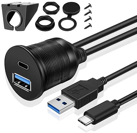 TNP usb C + USB 3.0 Unterputzkabel, Dual-Verlängerungskabel, 1 m, für Auto-Armaturenbrett mit Armaturenbrett-Halterung, 2 Stecker
