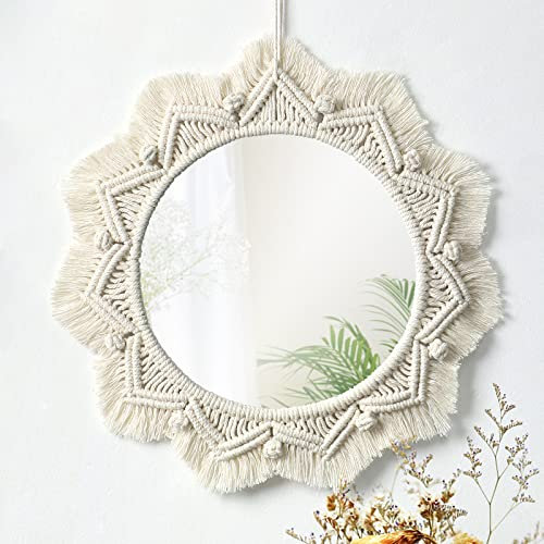 SOMYTING Specchio da Parete Sospeso Boho Mirror Art Decor Macrame Fringe Specchio Decorativo Rotondo Ornamento Artistico Specchi Della Parete Appartamento Casa Camera da Letto Soggiorno Decorazione