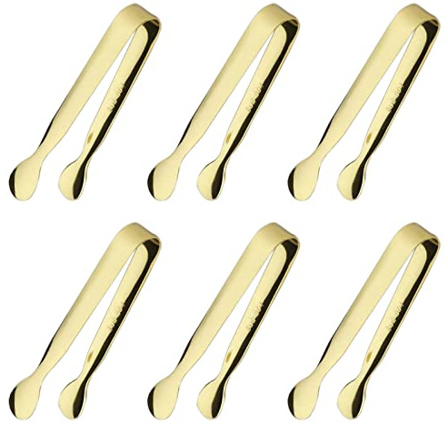 6PCS Ice Tongs Mini Sugar Tongs 4.25Inch Stainless Steel Small Serving Tongs, Small Kitchen Tiny Tongs for Appetizers,Tea Party, Coffee Bar, Desserts (Gold)