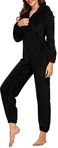 Zukmuk Pigiama Onesie Invernale da Donna Pigiama Intero in Peluche Maniche Lunghe Tuta con Cappuccio Cerniera Pagliaccetto da Notte Abbigliamento Casual da Casa (Nero, S)