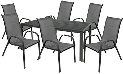 Mojawo Hochwertige Gartengarnitur 5-teilig Gartentisch 160x90cm Anthrazit Aluminium und WPC Grau + 4 Stapelstühle Textilen Anthrazit/Anthrazit