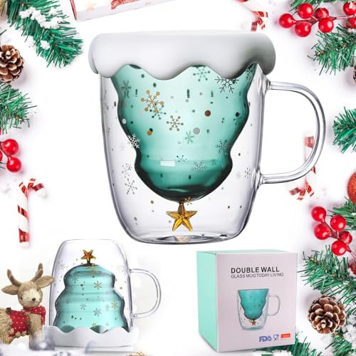 XiXiRan Tazza Vetro di Natale, Tazza da Caffè di Natale, Tazza Albero di Natale, Tazza da Tè, Tazza da Latte, Tazzine da Caffè, Bicchieri da Latte Occhiali da Parete a Doppia, Tazza Espresso di Vetro
