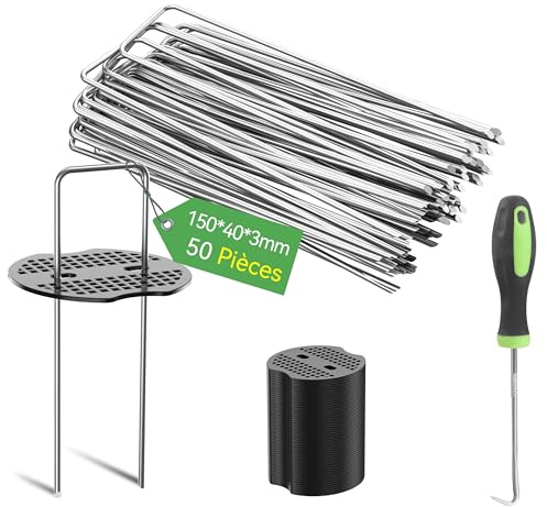 Graxury 50Packs 6 Inch Heavy Duty 11 Gauge Garden Pins Stakes with 50Packs Gasket - Galvanized Steel Staples Pegs for Securing Anchoring Weed Fabric Landscape,Netting Tubing with 1 Pick Hook