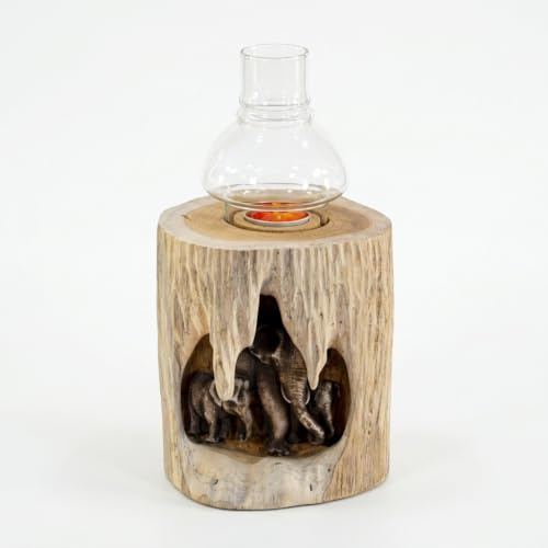 Holz Windlicht mit Elefanten – Teakholz Teelichthalter mit Elefanten-Relief & Glaskuppel, ca. 27cm in Natur