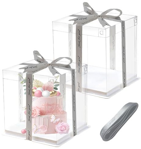 2pcs Boite a Gateau Transparente Boite Transport Gateau Boite Layer Cake 21 x 21 cm Boîte à Gâteaux en Plastique avec Ruban pour Présentoir à Dessert et Gateau (21 * 21)
