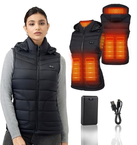 Mincoo Gilet Riscaldato Donna: Gilet Riscaldante con Batteria 16000mAh -Giubbotto Riscaldante con Cappello Staccabile - per Escursionismo all'aperto Caccia