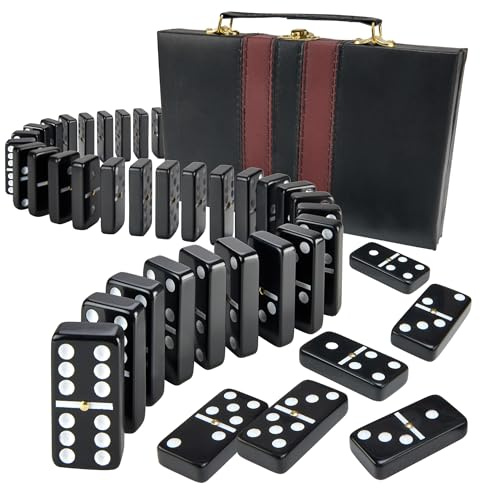 Playbees Jumbo Double Six Dominoes Set - 28 Black Classic Tiles in Faux Leather Case - Fun Educational Toy for Kids, Boys, Girls, Classroom Kit, Classic Game Night Party Favors Set, Travel-Friendly