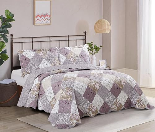 Brilliant Sunshine Parure de lit 3 pièces avec 2 taies d'oreiller, lavable et réversible, couvre-lit doux et léger, toutes saisons, lit king size/california king size, motif roses, lilas/beige