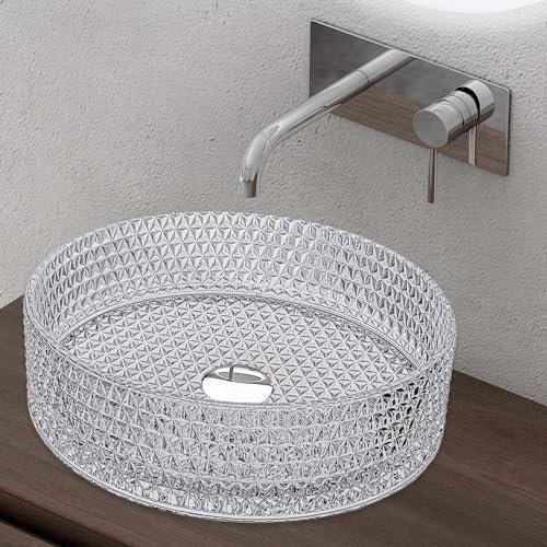 Sogood Lavabo à Poser Vasque en Verre Transparent Lave Mains Rond de Salle de Bains Petit Lave-Mains pour WC 39x39x12 cm Minerva07