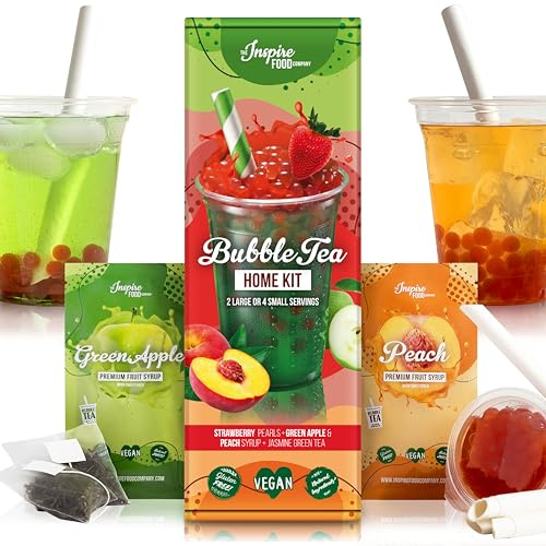 INSPIRE FOOD Kit Bubble Tea Complet | Fraise Boba & Pomme Verte Pêche Sirop | Kit Bubble Tea avec Perles Popping Boba et Sirop - 100% vegan et sans gluten, sans colorant artificiel