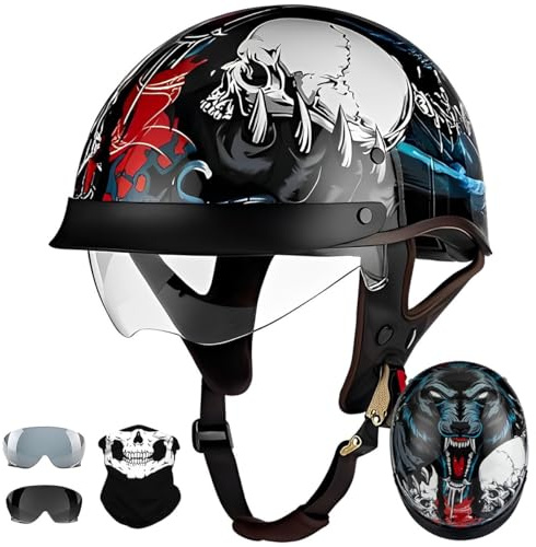 Casques Jet, Demi-Casque Moto Vintage Homologué ECE, Rétro Casques Bols avec Pare-Soleil et Boucle à Dégagement Rapide Réglable, Casque Ouvert pour Scooter Vélo Cruiser 57~64cm