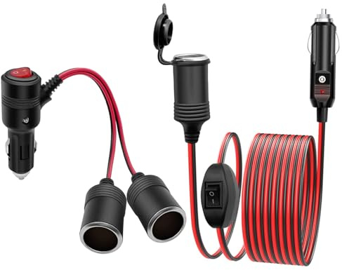 Hoembpn Zigarettenanzünder Verteiler + Zigarettenanzünder Verlängerungskabel mit Schalter und Sicherung, 1 bis 2 KFZ Auto Zigarettenanzünder Stecker 12V/24V für Auto Wohnmobil Camping (15cm+2m)