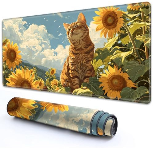 RMJKXQZG for MTG Playmat 24 x 14 with High Elastic Rubber Base Non-Slip Rubber Sole HD Printing for MTG Mat Card Playmats Gaming Mouse Pad, Orange Cat Golden Sunflower