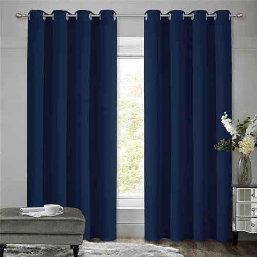 VEHEDE Thermovorhang Kälteschutz Blickdichte Vorhänge, Gardinen mit Ösen Wohnzimmer, Schallschutz Verdunklungsvorhänge Kinderzimmer, Raumteiler Vorhang, H 160 x B 117 cm, Dunkelblau, 2er Set
