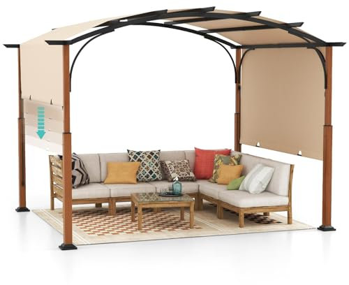 RELAX4LIFE Pergola Jardin Extérieur 3,6x3 M avec Auvent Rétractable, Tonnelle Pergola Métallique avec Toile Réglable Coulissante, Piquets de Sol, Protection UV, Tonnelle pour Jardin Plage Cour, Beige