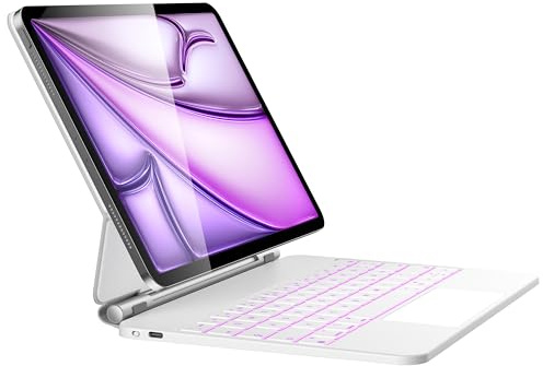 HOU Hülle mit Tastatur für iPad Air 13 Zoll 2026 M4/2025 M3/2024 M2 & iPad Pro 12.9 (6./5./4./3. Generation),QWERTZ,Click-Anywhere-Trackpad,7 Farben 3 Stufen hinterleuchtet,magnetisches Design,Weiß