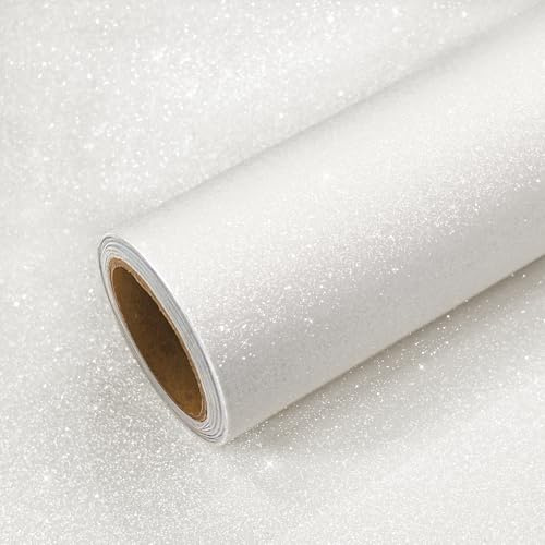 VEELIKE 15.7''x354'' Thick White Glitter Wallpaper Peel and Stick Sparkle Glitter Contact Paper for Walls Cabinets Shelves Drawers Self Adhesive Removable White Fabric Wallpaper for Bedroom Room Decor