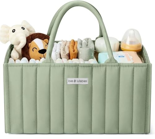 kärlek och vaggvisor blöjförvaring, snygg quiltad skötkorg för baby – nödvändigheter för nyfödda, babykorg för baby shower – caddie arrangör för blivande mamma (salvia grön)