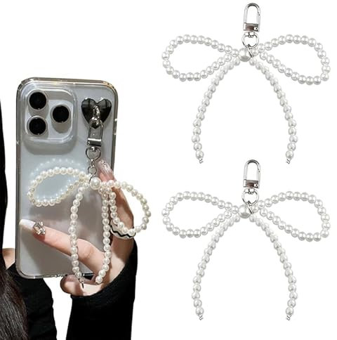 CHENNAN 2 Stück Niedliche Perle Bogen keychains, Perle Bögen Phone Charm Schlüsselringe, Perle Schleife Handyanhänger Keychain, Handy Anhänger, Universal, für Anhänger Handyhülle Zubehör (Weiß)