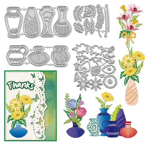 WADORN 4Pcs Flowers Vase Die Cuts, Floral in Vase Background Metal Cutting Dies Stencils Chrysanthemum Petunia Liliy Carbon Steel Embossing Stencil Cutting Template for Scrapbooking Paper Crafting