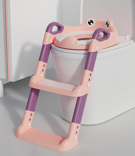 Toilettensitz Kinder mit Treppe, Toilettentrainer für Kinder, WC Sitz mit PU Gepolsterter, Höhenverstellbar und Faltbar, Rutschfest mit Spritzschutz Toilettenaufsatz Kinder