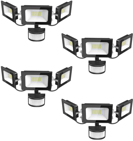 Bellanny Projecteur LED Détecteur de Movement - 50W 5000LM Ultra Lumineux 3 Tête Spot LED Extérieur, IP65 Etanche Éclairage de Sécurité Extérieur PIR pour Cour Porche Jardin Garage, 4 Pack