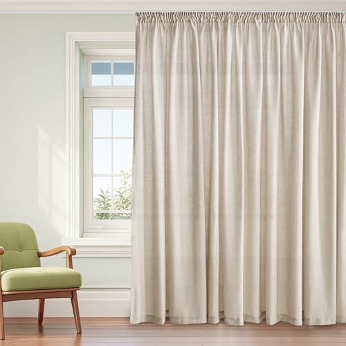 Pony Dance Linne gardiner med skena krokar vardagsrum gardiner linne veckband set om 1 stycken H 220 x B 300 cm, extra bred gardin för skensystem linnegardin natur halvtransparent