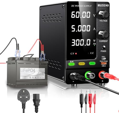 RUZIZAO Bench Power Supply Variable 60V 5A, 300W Encoder Adjustable 6V 12V 24V 36V 48V LiFePO4 Lithium Ion etc. Battery Charger Regulated Lab DC Power Supply Output Switch/OCP Function/Quick Charge Po