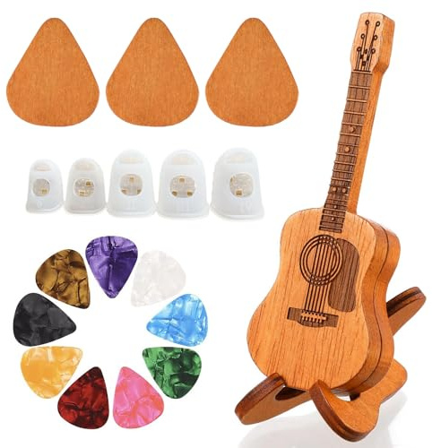 MADGININE Guitar Pick Case with 3Pcs Wooden Picks, 9Pcs Colorful Picks, Silicone Finger Sleeves, Music Art Gift for Guitar, Ukulele Lover