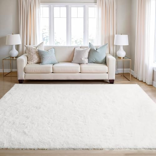 BEIMO Tapis de Salon Shaggy Tapis Chambre Moderne à Poils Longs et Moelleux, Grand Doux Tapis de Sol Pelucheux Dessous Antidérapant, Blanc Neige, 140x200cm