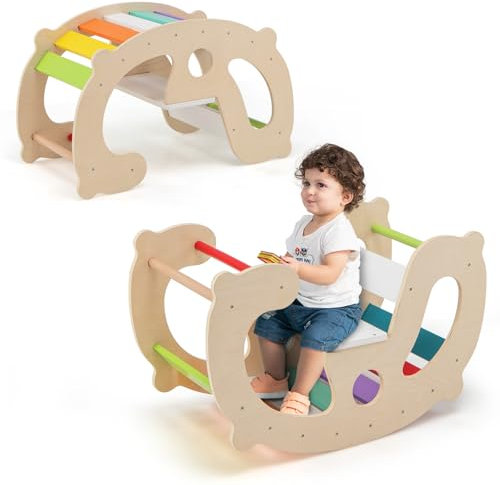 COSTWAY Arco Balancín 2 en 1 para Niños, Arco de Escalada Montessori con Caballito Balancín, Respaldo Cómodo y Asiento,Juguete de Caballo Balancín para Niños de 1+ Años