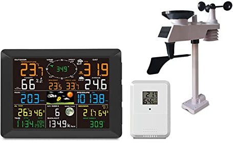 Weather Stations with Outdoor Sensor Wireless, Weather Station Digital Alarm Wall Clock Indoor 2pcs Outdoor Humidity Pressure Anemometer Rain Gauge(WIFI0300-01)