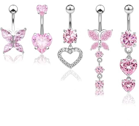 5 Pcs Belly Button Bars Kit, Sliver Belly Button Rings 14G Navel Bars Stainless Steel Belly Bars Dangly Belly Button Piercing Jewellery Heart Bow Short Small Belly Rings for Women Girls (Pink)