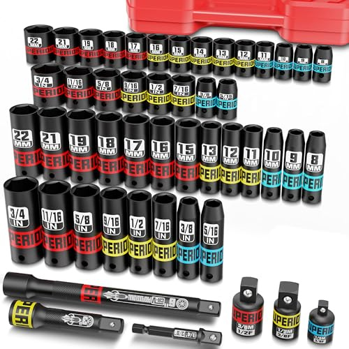 Aiourx 3/8 Drive Impact Socket Set, 50 Piece SAE (5/16-3/4) and Metric (7 mm-19mm), Deep & Shallow Sockets with Extension Bars, Adapters, for Automotive Repair & Industrial Maintenance