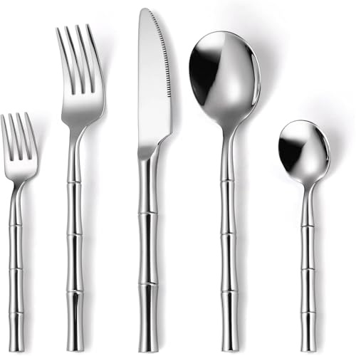Couverts en bambou couverts en acier inoxydable 20 pièces avec manche en bambou forgé à la main Restaurant Hotel Party-Silver||20 piece