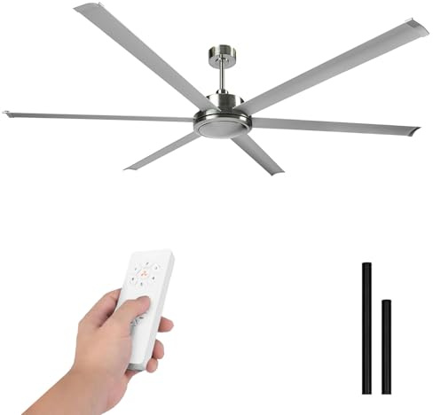 LUMIKING Ventilador de Techo Industrial - 305 CM Silencioso para Grandes Superficies - Ventiladores de 6 Aspas Grande Profesional de 60 W de Potencia con Bajo Consumo (Plata, 214 cm)