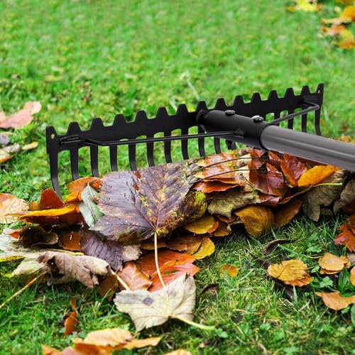 Heavy Duty Garden Rake, 17 Steel Tines Metal Head Rake Tool with Stainless Steel Handle for Loosening Soil Gathering Leaf Leveling Lawn Farming Land Thatch Rake Bow Rake
