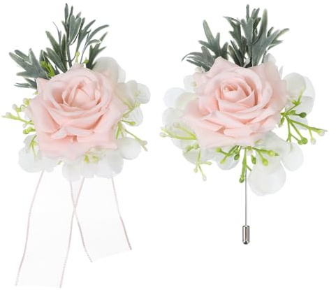 sourcing map Rosa Handgelenk-Ansteckblume und Knopflochblumen, Ansteckblume für Hochzeit, Braut, Bräutigam, Zeremonie, Jahrestag, Abschlussball, Party, Stoff