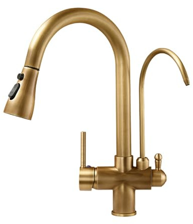 XJTNLB Mitigeur Cuisine 3 Voies Douchette Antique Robinet Col de Cygne Laiton Mitigeur Cuisine avec Douchette et Robinet Osmoseur
