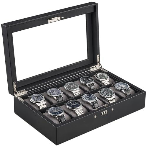 ProCase Lockable Watch Case, 10-Slot Display Storage Box with Glass Lid, Scratch-Free Velvet Lining & Combination Lock, Secure Watch Organizer for Men, Home, Office or Store Display - Black