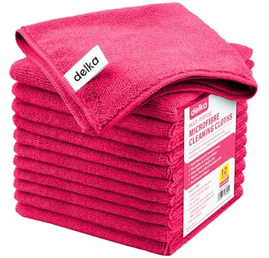 delka Microfibre Cleaning Cloths –Multi-Purpose, Ultra Soft & Lint-Free –Reusable, Streak-Free for Kitchen, Car, Glass, Windows & Electronics (Pink,12 Pack)