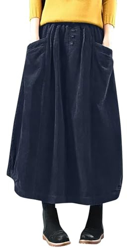 2025- Women's Skirt Autumn Winter Cord Skirt Women Midi Long Skirts Female Elastic Waist A Line Pleated Plus Size Bohemian Skirts for 3X (Blue, XXL)