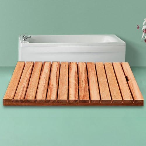 Tappetino da bagno e doccia in legno naturale di lusso, con manico, facile da pulire, per interni ed esterni, antiscivolo, per bagno, sauna e balcone (50 x 80 cm)