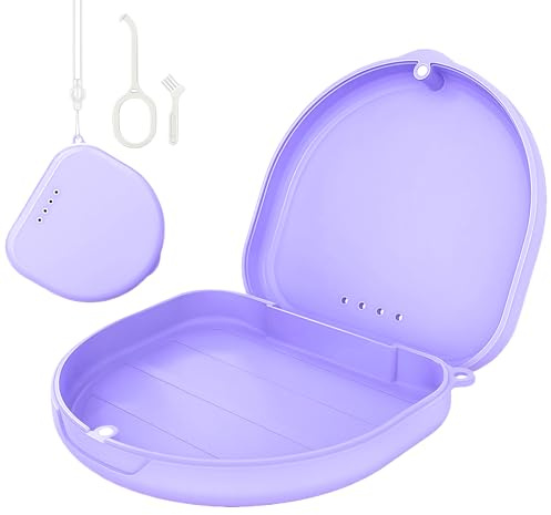 SSKHE Tandlåda med verktygsborste borttagningsverktyg kompakt tandhängare, kompatibel med Invisalign tandskydd vuxen magnetisk stängning ventilation handledsrem resor (lila)