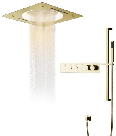 Colonna Doccia Termostatico Musicale, 64 Colori RGB LED Musica Colonna Doccia a Incasso, Set Doccia con 55X55 cm Soffione Doccia a Pioggia e Doccetta, Corpo Termostatico In Ottone, Oro Spazzolato