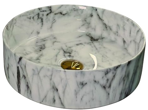 LXTEDJ Lavandino Da Bagno In Ceramica, Il Design Complessivo Adotta Una Texture Di Pietra, Lavabo Da Appoggio Rotondo, Salvaspazio Da Appoggio, Adatto A Bagni Moderni E Tradizionali, 40X40X12CM-02
