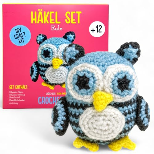 MIJOMA virkat set djur för nybörjare och avancerade – gör-det-själv amigurumi virkset med instruktioner, ull, nålar och tillbehör – virkpaket barn och vuxna (uggla (8,5 x 6 x 8,5 cm))